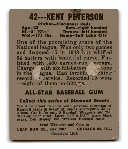 Kent Peterson RC Rookie 1948 Leaf Black Cap #42 Vintage 1948-49 1949 Low Grade - 第 2/2 張圖片