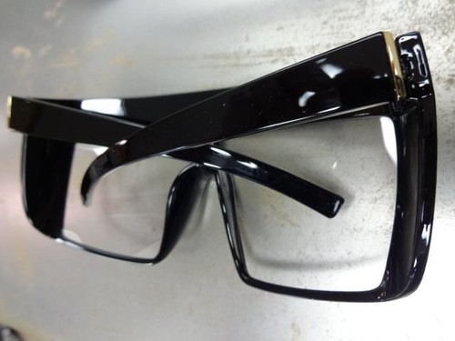 OVERSIZED VINTAGE RETRO SHIELD Style Clear Lens EYE GLASSES XL Huge Black Frame - Picture 10 of 10