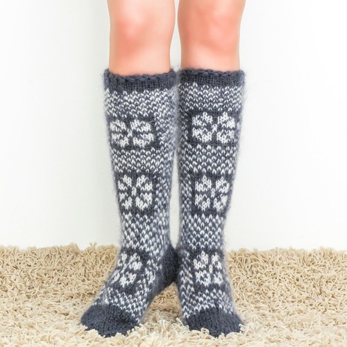 Icelandic long mohair socks wool Nordic hand knit thick leg warmers SUPERTANYA - Picture 9 of 23