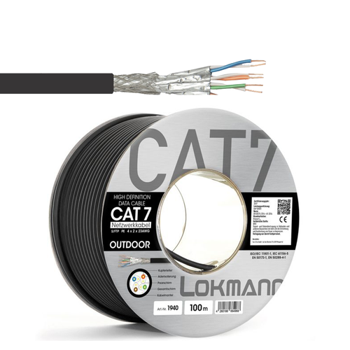 100 meter Cat 7 Outdoor Verlegekabel Erdkabel Netzwerkkabel  Kupfer,UV, Schwarz - Afbeelding 1 van 5