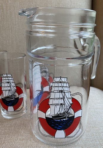 Vintage Avir Nautical Italian Pitcher & Glassware Set (Ship Boat-Sailboat Motif) - Picture 6 of 13