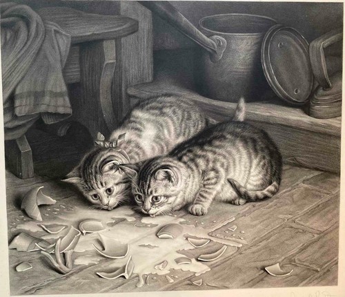 A PAIR OF 19th CENTURY CAT ENGRAVINGS PENCIL SIGNED BY JOSEPH PRATT LISTED  - Picture 3 of 12