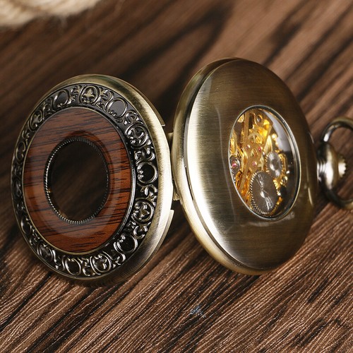 Vintage Style Mechanical Pocket Watches Roman Numerals Dial Wood Decoration Case - Picture 11 of 11