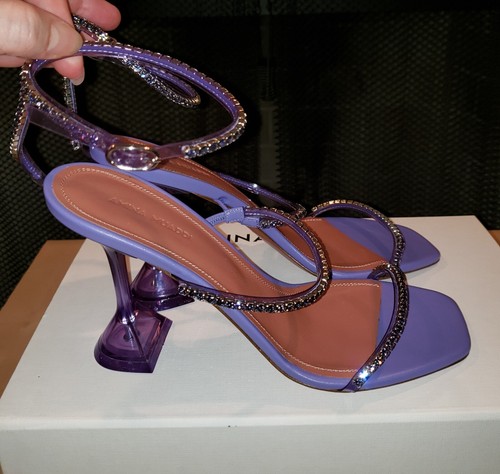 Amina Muaddi Women Gilda 95 Sandal Pumps Crystal Embellished Purple PVC 39 9 NWT - Picture 9 of 20
