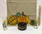 Fall Theme 2 Vtg Green & Gold Glasses Round Metal Basket Pumpkin Table Runner