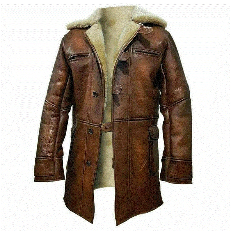 Men's Vintage real Sheepskin Leather Bomber Brown Coat For Winter