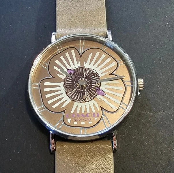 Coach Perry Watch With 36mm Flower Face Beige Brown Tone Leather Band