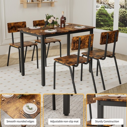 5-Piece Dining Table Set with 4 Chairs Wood Metal Kitchen Breakfast Furniture - Picture 9 of 26