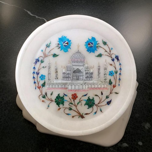 12" White Marble Serving Plates For Dining Area Dec Taj Mahal Inlay Stone Plates - Picture 1 of 10