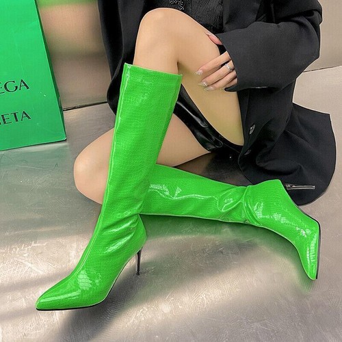 Women Riding Casual Club Knee High Boots Faux Leather Pointy Toe High Heel Shoes - Picture 1 of 11