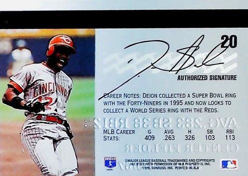 1995 STUDIO #20 DEION SANDERS VARIANTE CARTA DI CREDITO CINCINNATI REDS - Foto 2 di 2