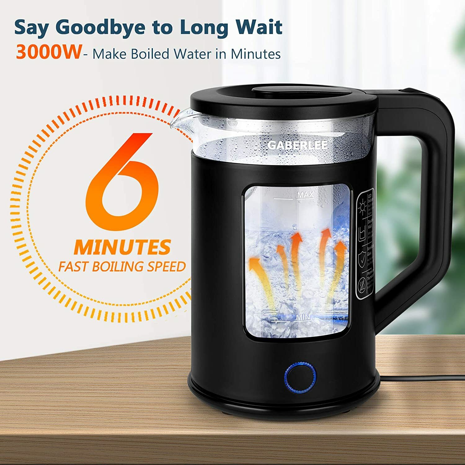 Electric Kettle, 1.7 Litre,3000W Fast Boil Glass Electric Tea Kettle,Cordless UK Popularny