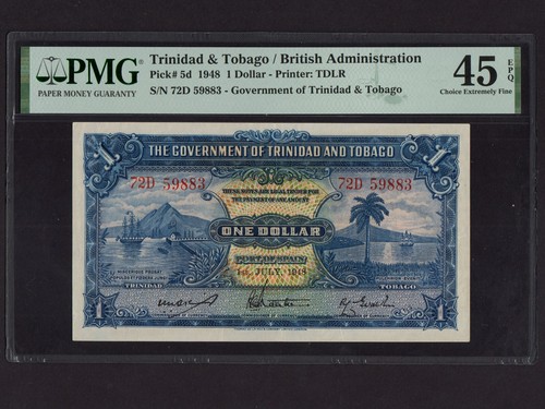 Trinidad & Tobago:P-5d, 1$, 1948 * WWII Issue * Harbor * PMG EF 45 EPQ * - Picture 1 of 2