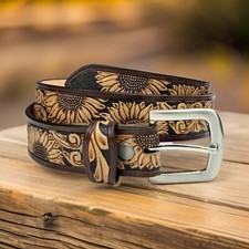 Full Grain Leather Hand Tooled Western Belt Cowboy Rodeo Beaded Removable Buckle
