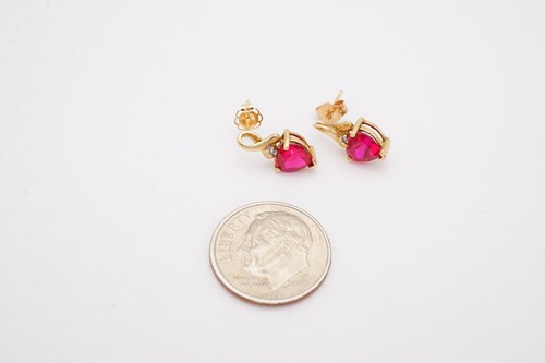 10k Yellow Gold Lab-Created Ruby Diamond Heart Earrings - Picture 7 of 8