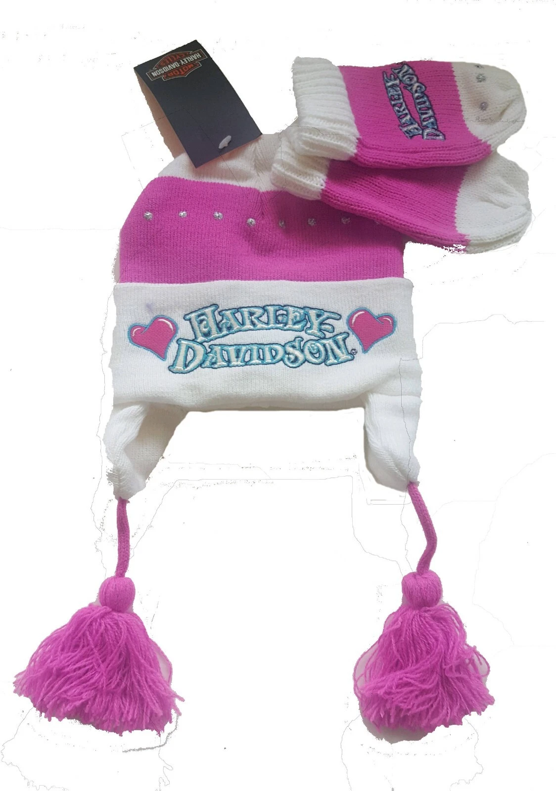 Harley-Davidson Logo Infant Girls Knit Winter Hat Mittens Gift Set Pink & White