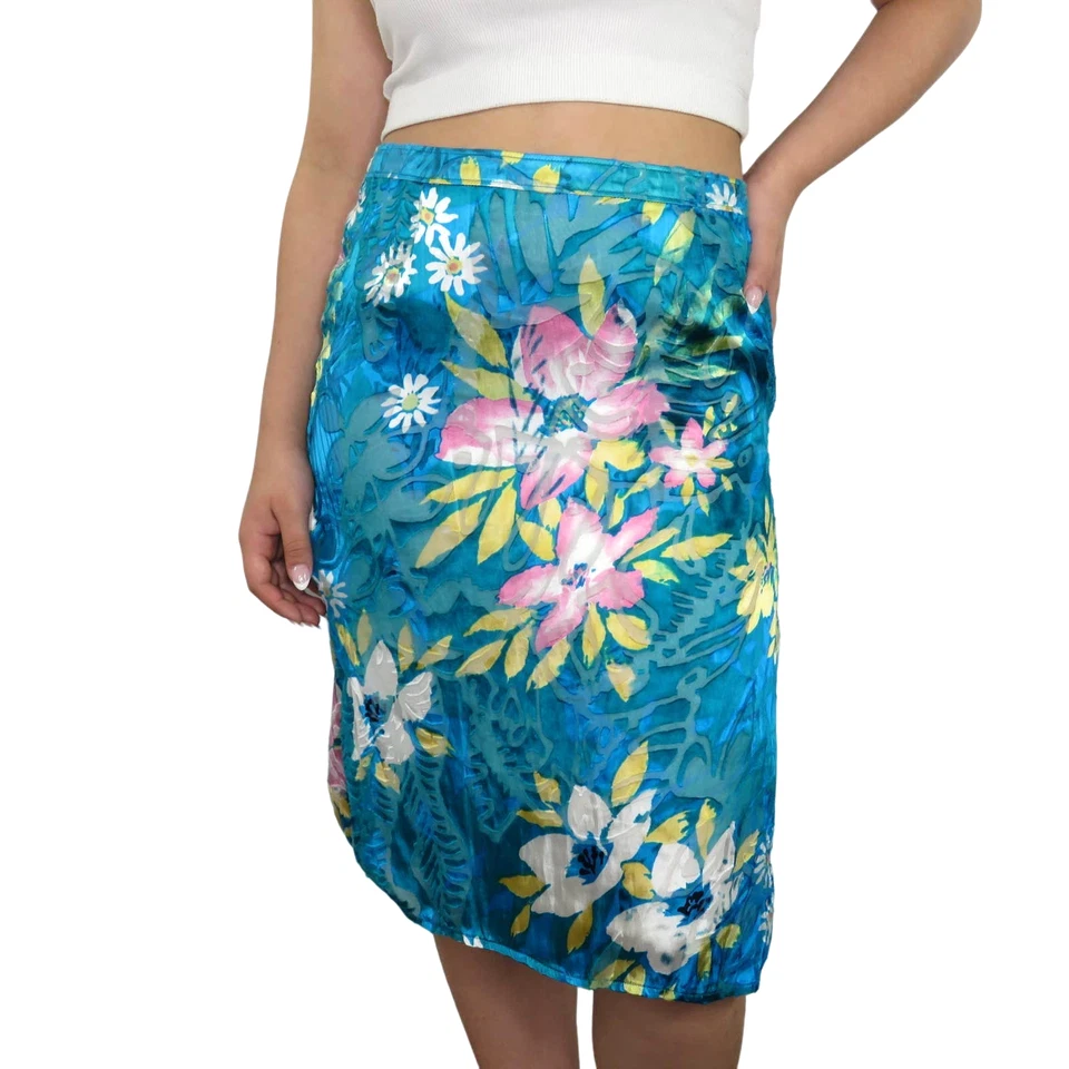 Falda midi floral con abertura lateral Y2k Wet Seal verde azulado tropical coco niña 28" Foto 2 de 4