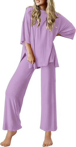 Womens 2 Piece Lounge Set Short Sleeve Top and Long Pants Comfy Pajamas Outfit - Picture 86 of 89