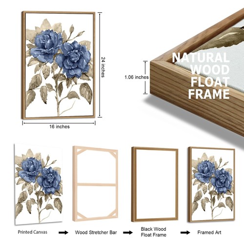 Large Framed Wall Art - Natural Float Framed Rustic Indigo Flowers Canvas Pic... - Picture 7 of 8