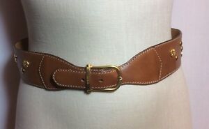 Vintage-Authentic-CELINE-Logo-Buckle-Belt-Dark-Tan-Leather-Gold-EVC