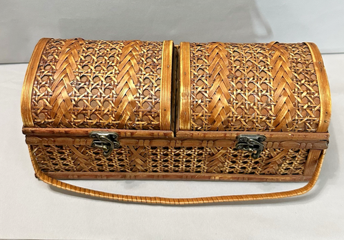 Three Hands Corp. Wicker Rattan Wooden Chest Box 2 Compartments 2 Lids 2 Handles - Picture 5 of 15