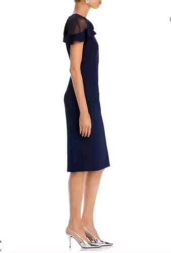 NWT Eliza J Sheer Ruffle Shoulder Cocktail Sheath Dress In Navy Size 4 #0048 - Picture 3 of 15