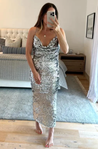 Zara Sequinned Cowl Neck Long Midi Dress Metallic Silver Size S M 4813/837 New - Picture 10 of 24