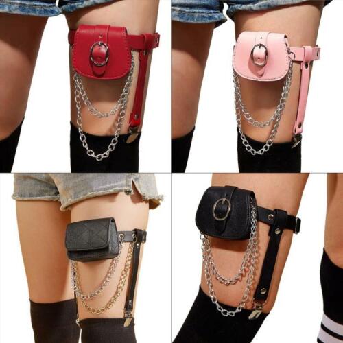Elastic PU Leather Leg Harness Garter Belt with Storage Bag Gothic Thigh Chain