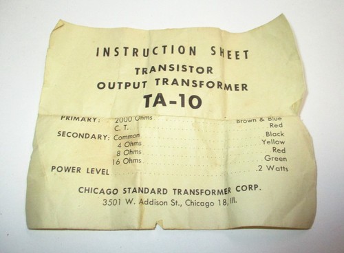 One Stancor Chicago Standard TA-10 Transistor Output Transformer NOS - Picture 3 of 3