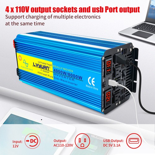 Camión 4000W 8000W Onda Sinusoidal Pura Inversor de Potencia 12V a 110V Control Remoto USB - Imagen 4 de 10