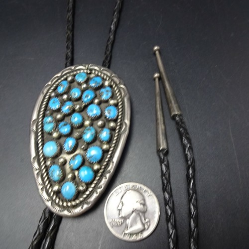 Vintage Hand Stamped Sterling Silver BLUE MORENCI TURQUOISE Cluster BOLO - Picture 2 of 12