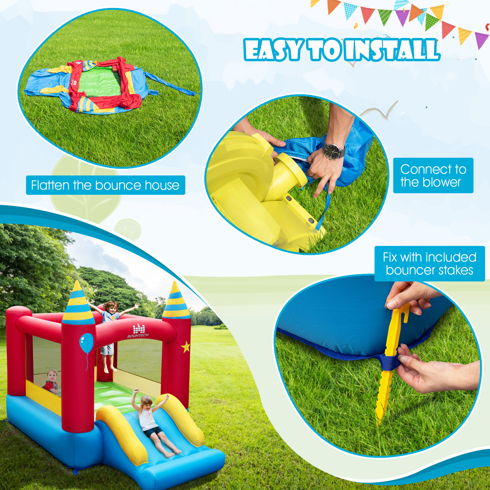 Inflatable Bounce House BlowUp Bouncy Castle with Wide Slide Blower