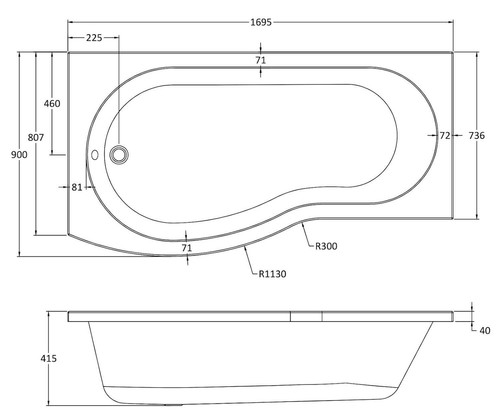 Left & Right Hand P Shaped Shower Bath 1700mm Bath Tub with Shower Screen - Picture 9 of 23