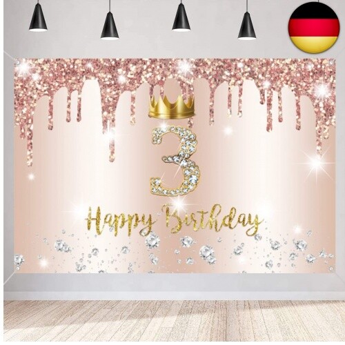 3. Geburtstag Mädchen Deko, Dritter Geburtstag Banner Roségold, Happy 3 B - Bild 1 von 6