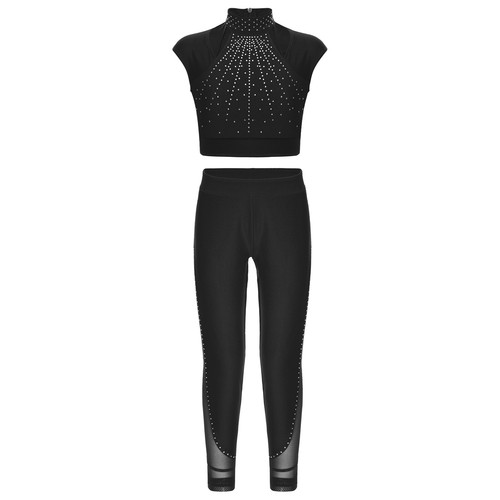 Kids Girls Tracksuits Workout Crop Top And Leggings Stage Outfits Sheer Mesh - Picture 34 of 85