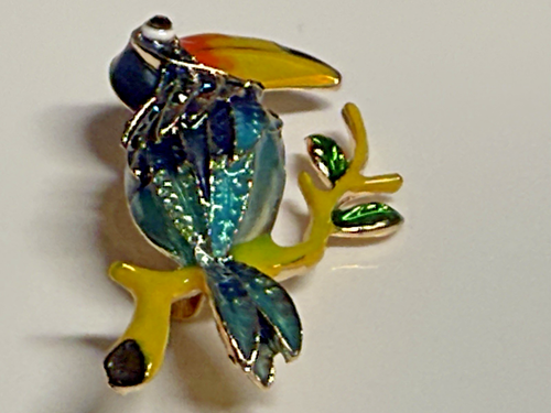 Brooch Toucan Enamel Multicolour Bird Blue Rhinestone - Picture 9 of 14