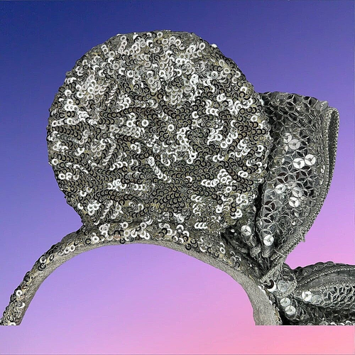 Minnie Mouse Ears Headband Silver Sequin Bow and Ears Handmade - Picture 3 of 13