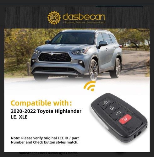 Replacement for 2020 - 2022 Toyota Highlander Smart Key 4B Hatch - HYQ14FBC - Foto 4 di 8