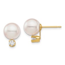 14k Yellow Gold 8-9mm Saltwater Akoya Cultured Pearl 0.2Ct Diamond Stud Earrings
