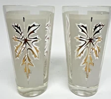 Vintage Libbey MCM Frosted Gold Leaf Highball Glasses Tumblers 5.5" T set of 2