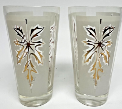 Highball Drinking Glasses Tumbler  Frosted Gold Leaf 5.5'' T set 2 VTG MCM Libbey
