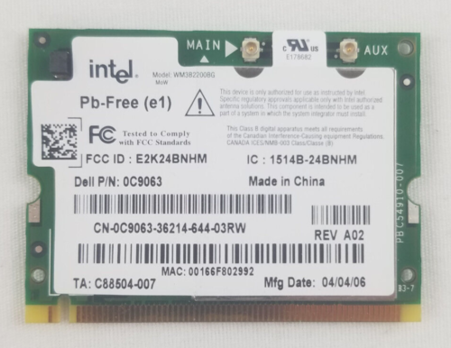 Intel PRO/Wireless Mini PCI Wireless Card WM3B2200BG Dell P/N 0C9063