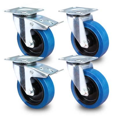 Set mit 4 Rollen lenkbar /Ø 80mm je 2 Lenkrollen mit Feststell-Bremsen sowie 2 Lenk-Rollen ohne Feststeller als Transportrollen Lager Kugellager Rollenlager blau Rolle 80 mm