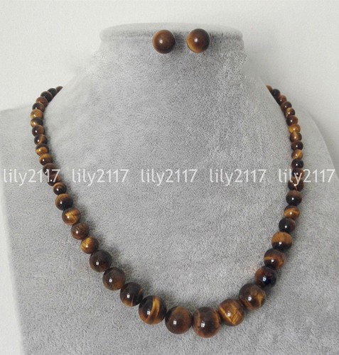 Natural 6-14mm Yellow Tiger's Eye Gemstone round Beads Necklace Earrings set AAA - Picture 2 of 12