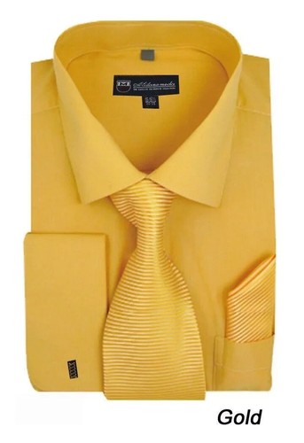 Neu Herren Französisch Manschette Anzughemd + Krawatte + Einstecktuch Set gespreizter Kragen SG27 - Bild 3 von 9