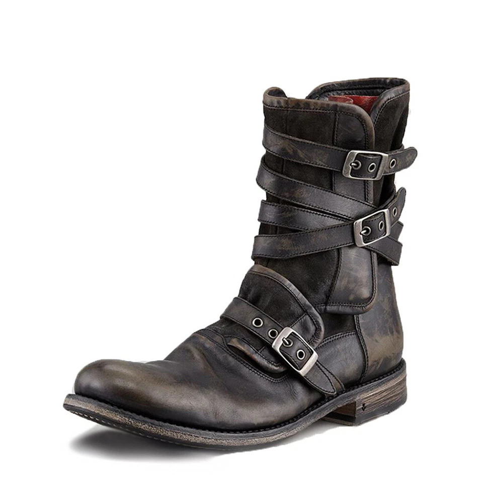 Mens Punk Zip Buckle Strap Ankle Boots Outdoor Military Combat Biker Boots - Image 4 of 4