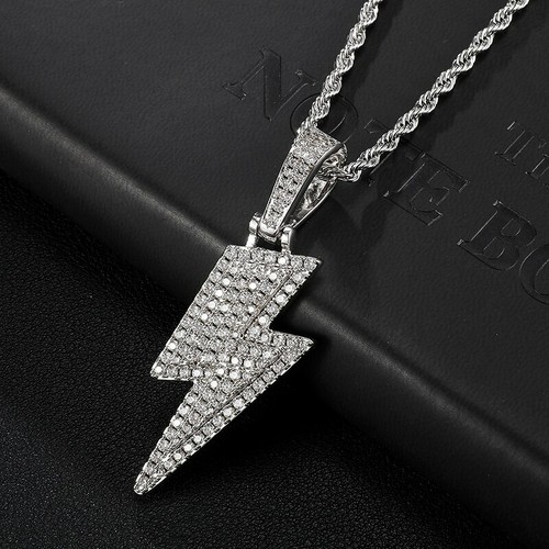 Hop Hip Out Ice Micro Paved CZ Silver Lightning Necklaces Pendant 20"Rope Chain - Picture 1 of 7
