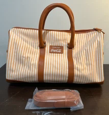 NEW Coca-Cola Rare Canvas Orange Cream Striped Zipper Leather Duffle Bag 18”