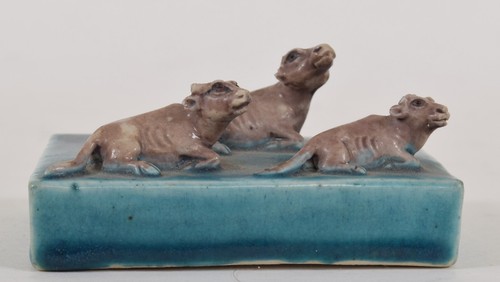 Chinese Porcelain Turquoise Brown Ox Cow Paper or Scroll Weight Antique Qing - Picture 7 of 24
