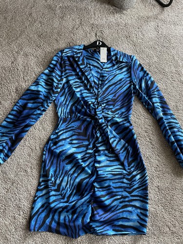 River Island Damen Kleid schwarz/blau Zebramuster Langarm Größe 6 neu mit Etikett £48 - Bild 1 von 4